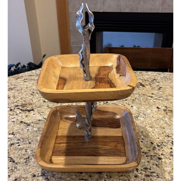 Pier 1 Imports 2 Tiered Hawthorn Leaf Branch Decor Serving Tray Teak Wood Easter - Picture 1 of 8
